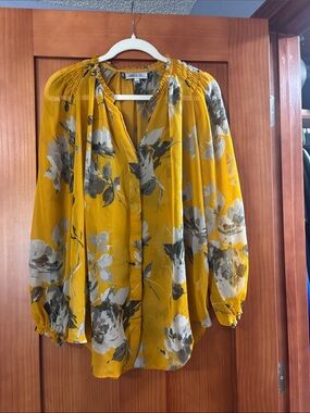 Jennifer Lopez Mustard Yellow Floral Smocked-Neck Blouse